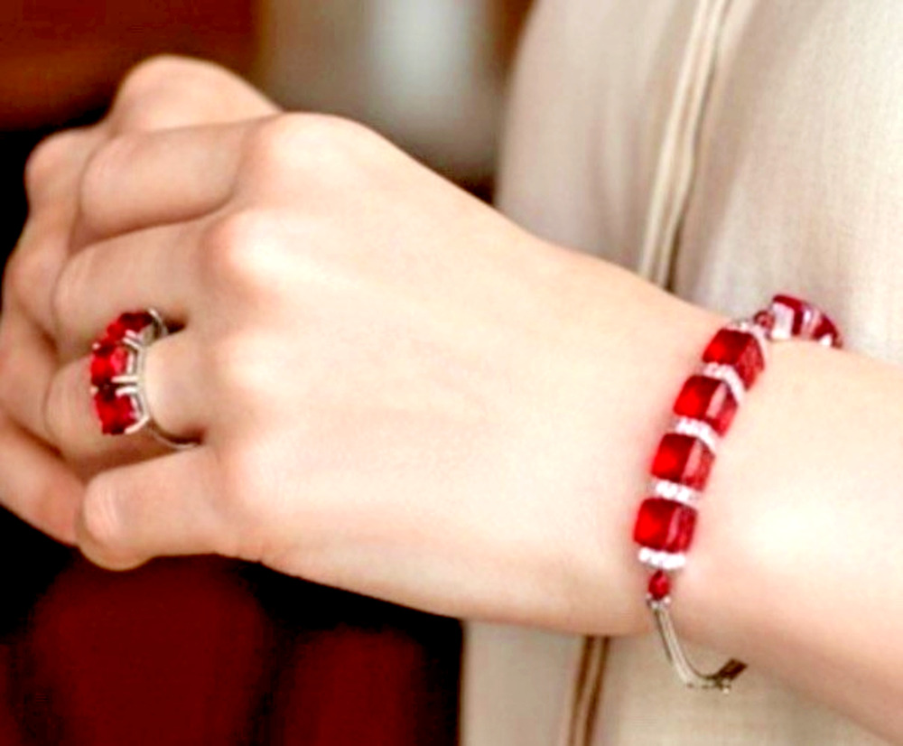 Deep Red Crystal Cubes CZ Bracelet & Ring Set 925 & Silver Tone Sizes 7.25” & 9